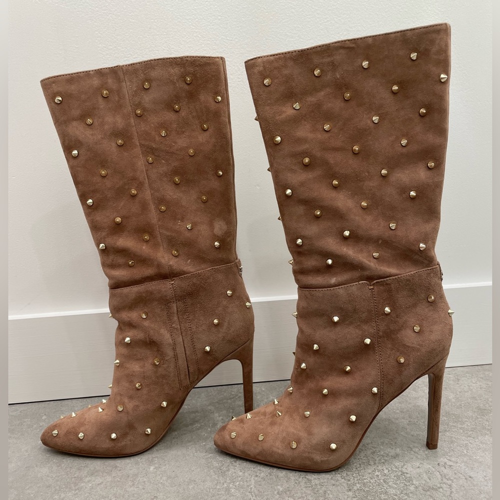 Sam Edelman camel suede stiletto boots with gold spikes scattered accent